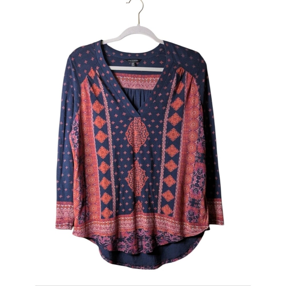 Lucky Brand long-sleeve peasant top size Medium bohemian medallion pattern navy